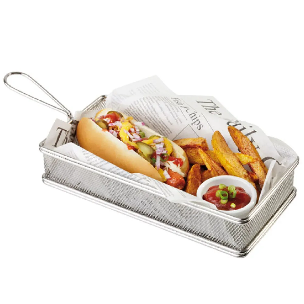 (6 бр.) Кошничка за сервиране на пържени картофи - SNACKHOLDER - неръждаема стомана - правоъгълна - 260x130mm - 1 дръжка