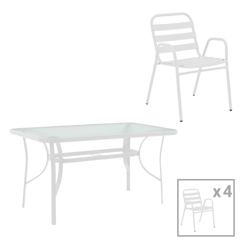 Трапезен комплект SUSSIE-ENSURE 5бр метал-стъкло бял цвят 120x70x70см