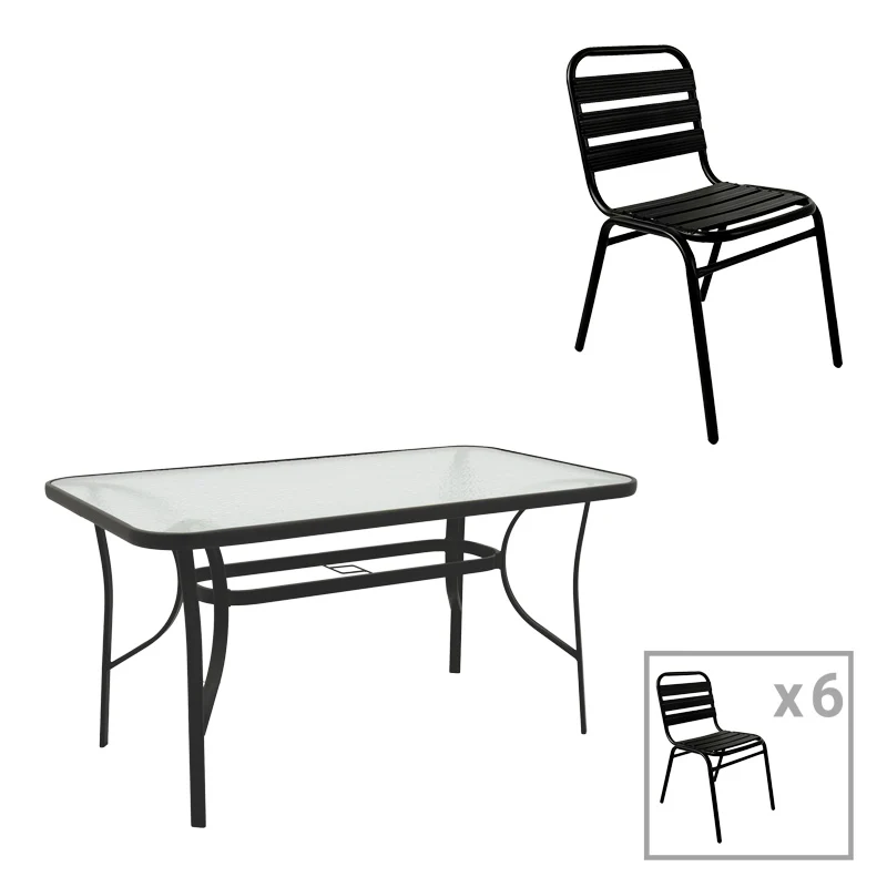 Трапезен комплект SUSSIE-ENSURE 7бр метал-стъкло в черен цвят 140x80x70см