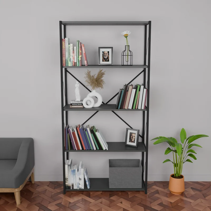 Библиотека Tikilmo антрацит меламин-черен метал 88x34x180см