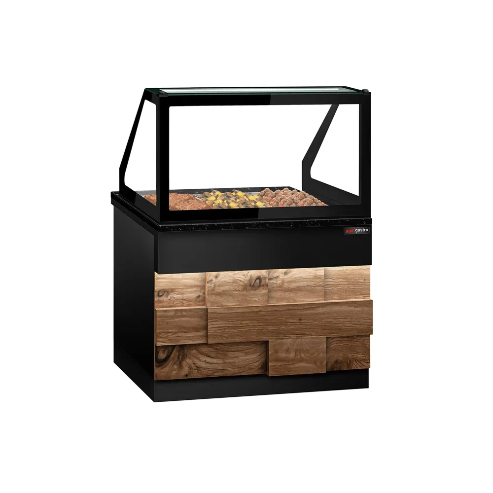 Топъл бюфет TORONTO - 1250mm - дървен челен панел (дървесен декор) - за 3x GN 1/1 - работен плот от черен гранит