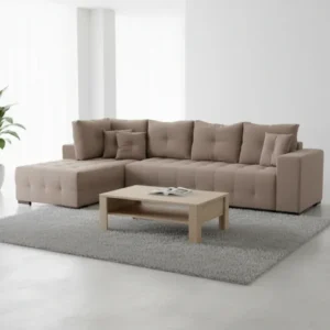 Ъглов разтегателен диван с място за съхранение TRENDSTON бежов плат 298x177x95cm