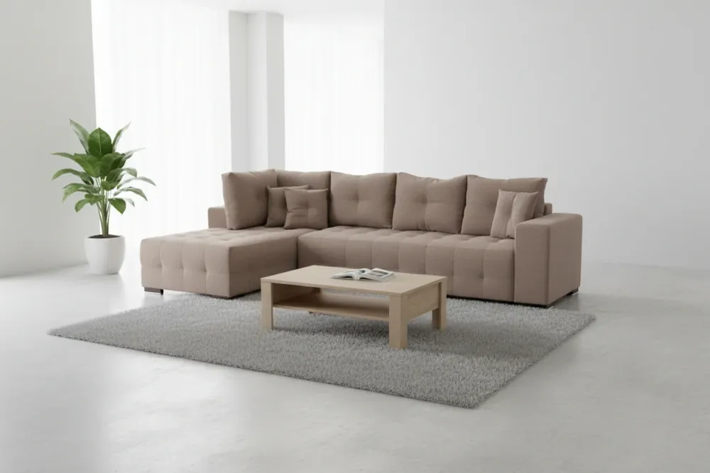 Ъглов разтегателен диван с място за съхранение TRENDSTON бежов плат 298x177x95cm