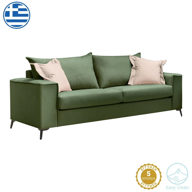Verona 3-местен диван тъмнозелен плат с кремави възглавници 225x93x100см