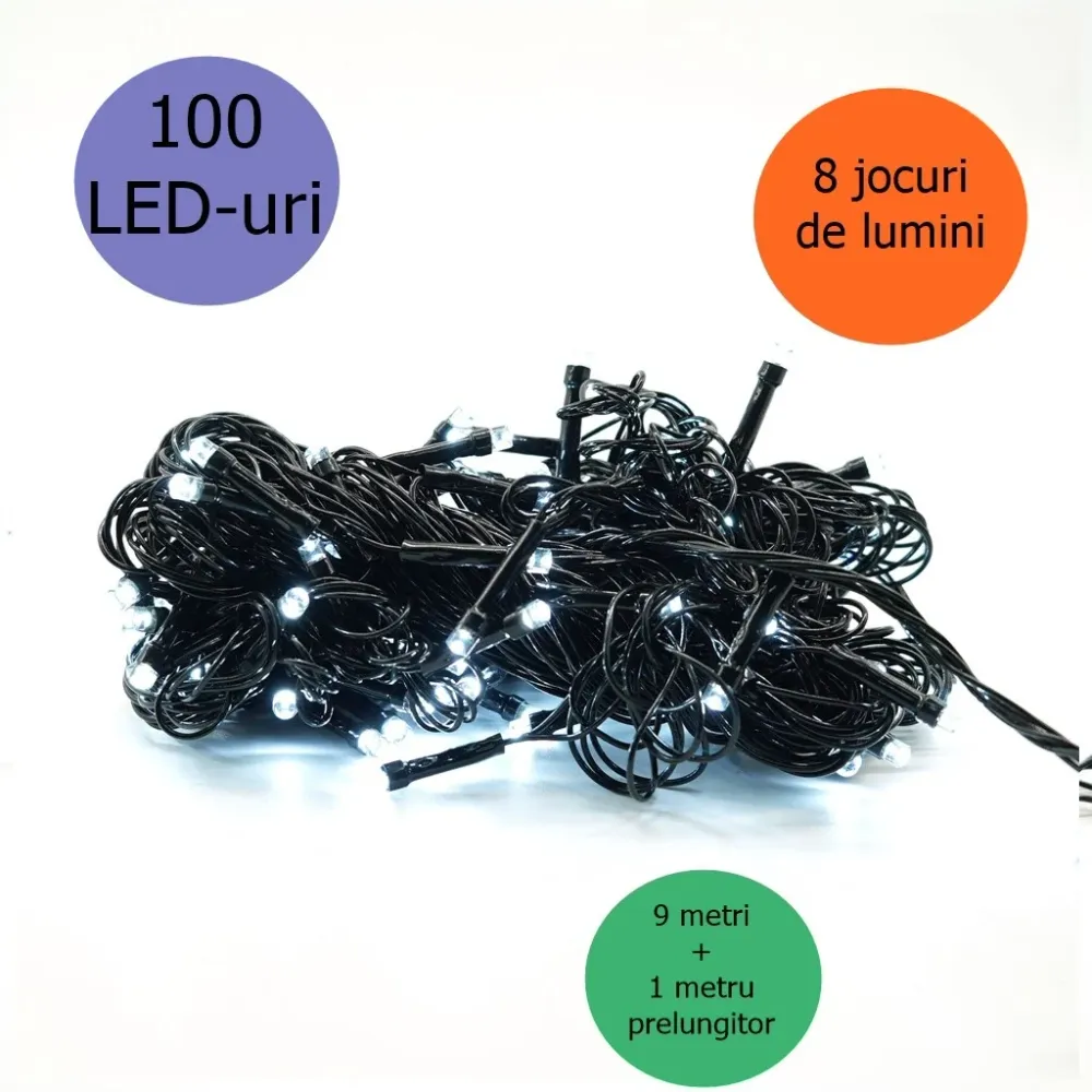 Линейна коледна инсталация Yoto, 10 м, включително 1 м кабел за 220V, 100 светодиода, 8 светлинни ефекта, контролер, кабел...