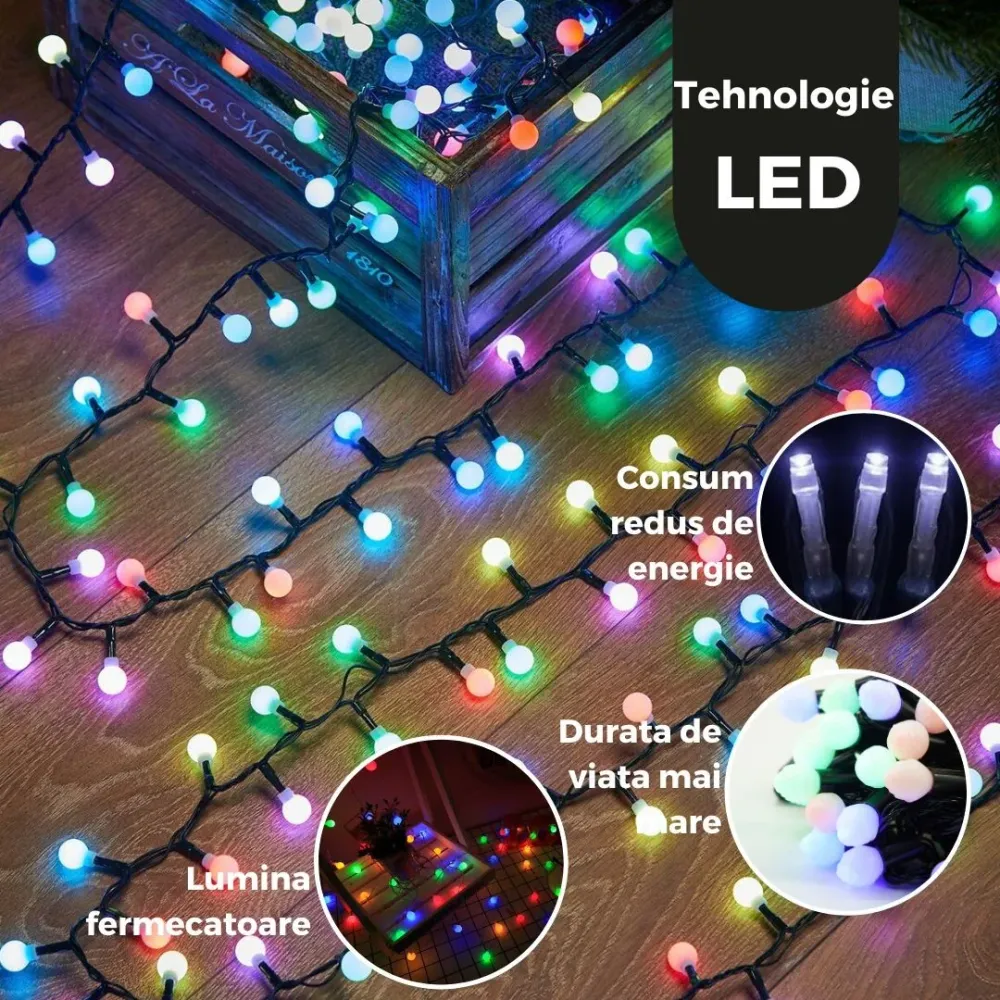 Коледна светлинна инсталация Yoto RGB, 10 м, включително удължителен кабел 1 м 220V, 40 светодиода, матови топки, свързващ...