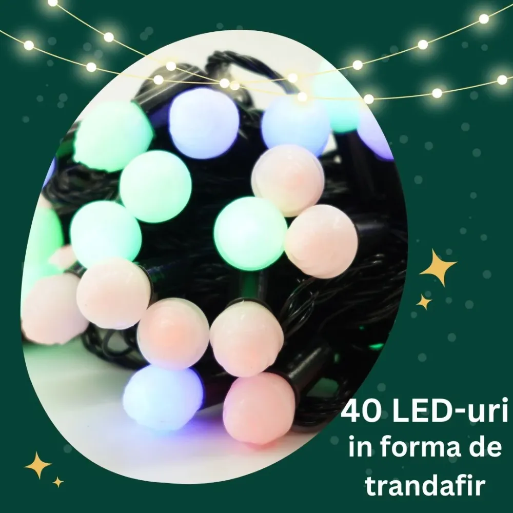 Коледна светлинна инсталация Yoto RGB, 10 м, включително удължителен кабел 1 м 220V, 40 светодиода, матови топки, свързващ...