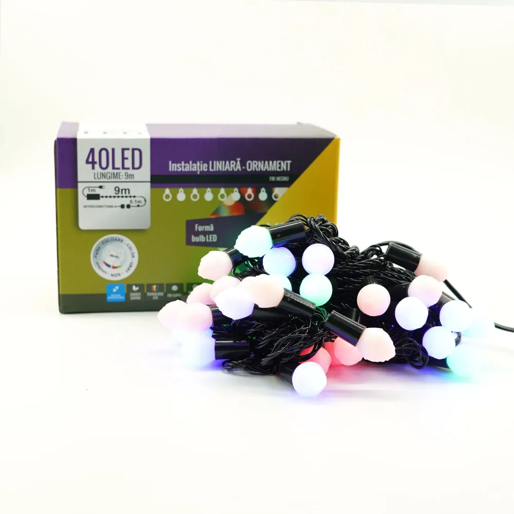 Коледна светлинна инсталация Yoto RGB, 10 м, включително удължителен кабел 1 м 220V, 40 светодиода, матови топки, свързващ...