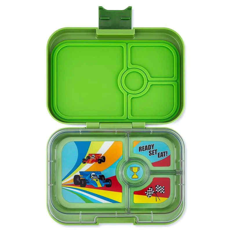 Yumbox Кутия за обяд - Панини - 4 отделения - Матча зелено/Състезателни коли